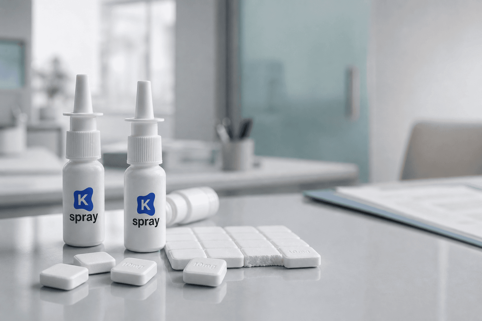 K-Spray bottles and lozenges arranged in a prescriber office setting