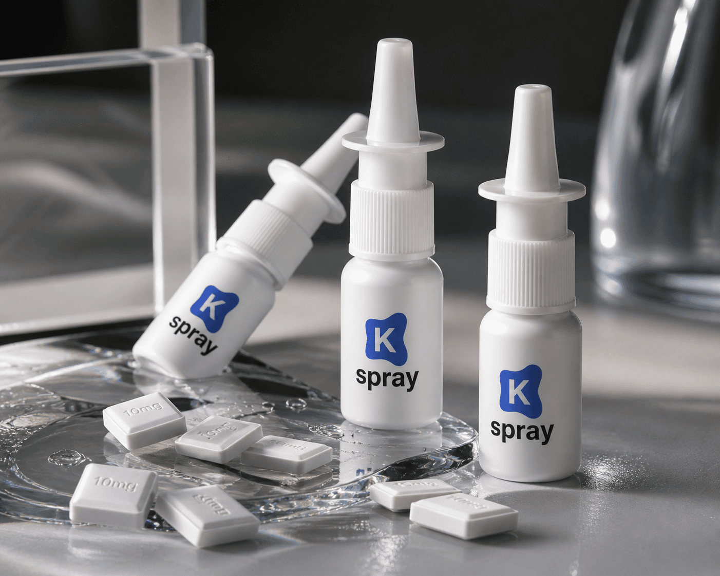 K-Spray bottles and square lozenges arranged on a pharmacy counter