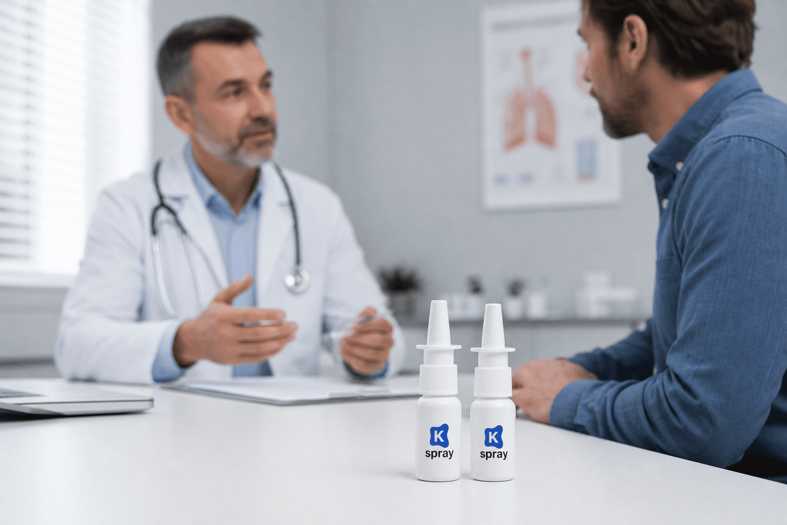 Prescriber consultation with K-Spray bottles on a clinical desk