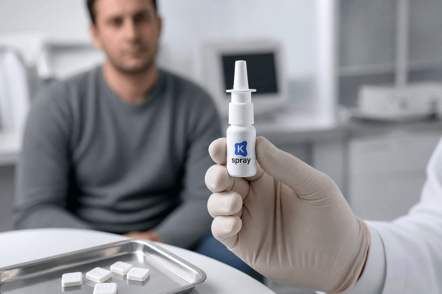 Clinician holding a K-Spray bottle with lozenges on a tray