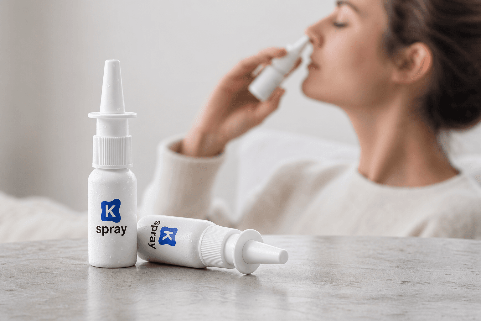 Clinician presenting K-Spray bottles and square lozenges on a tray