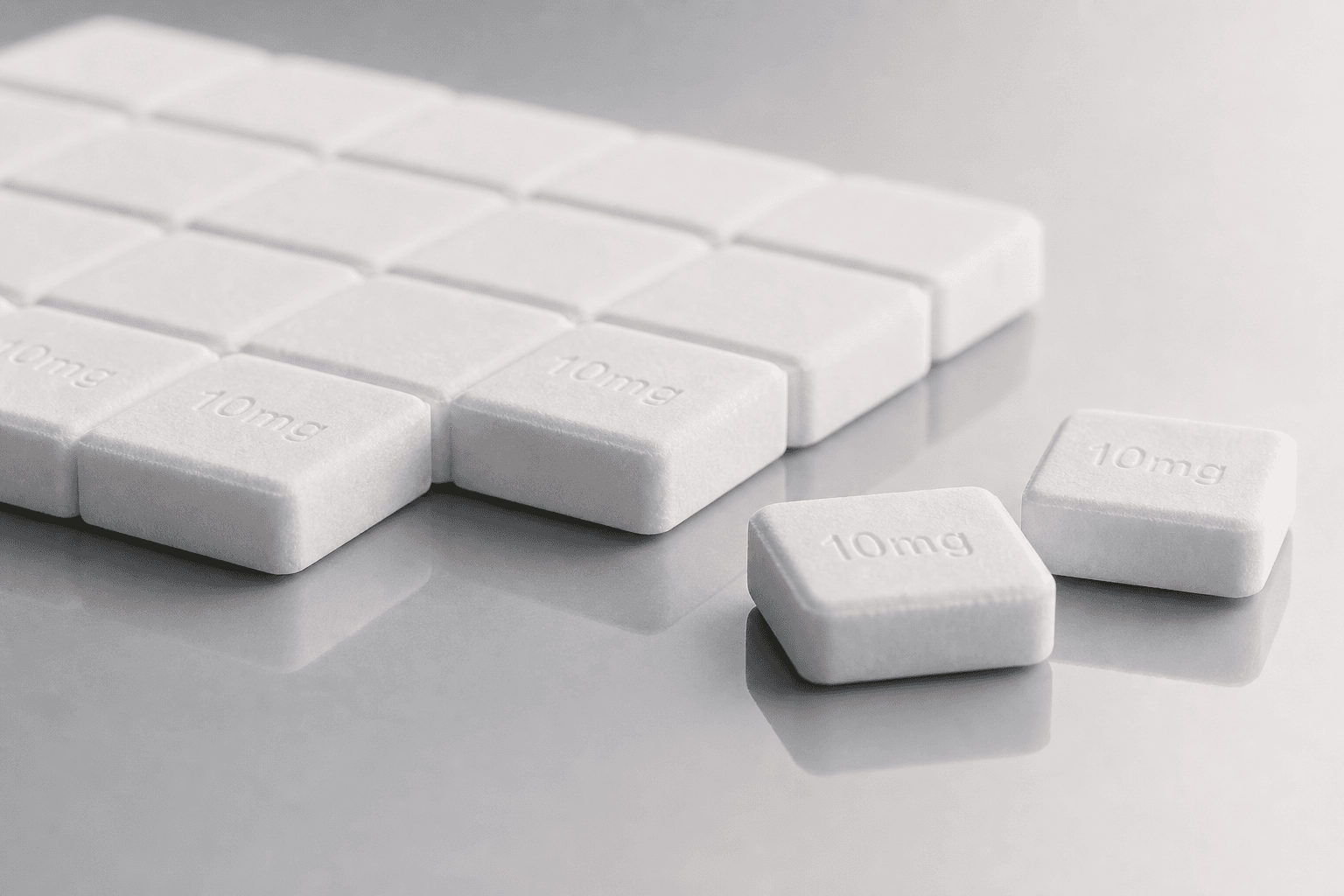 Square detachable ketamine lozenges with subtle 10 mg embossing