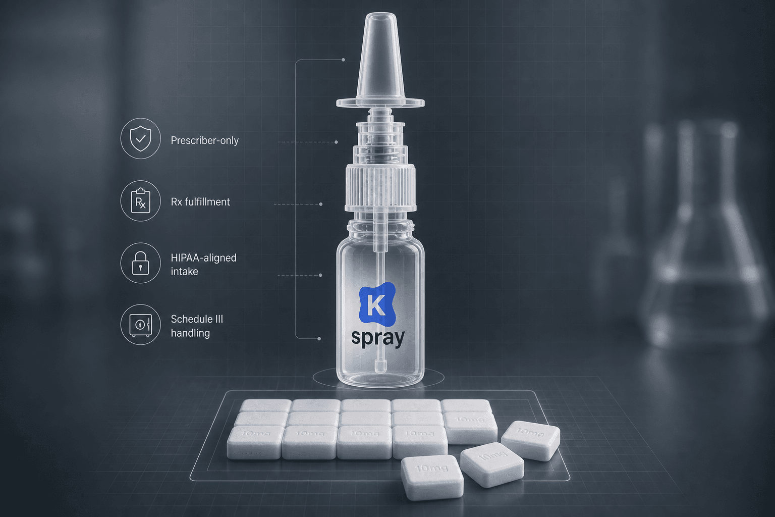 Technical product view of a K-Spray nasal spray bottle and square lozenges
